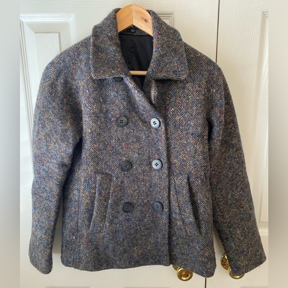 theory Adaison 100% Wool‎ Nottingham Multicolor Tweed Double Breasted Pea Coat S